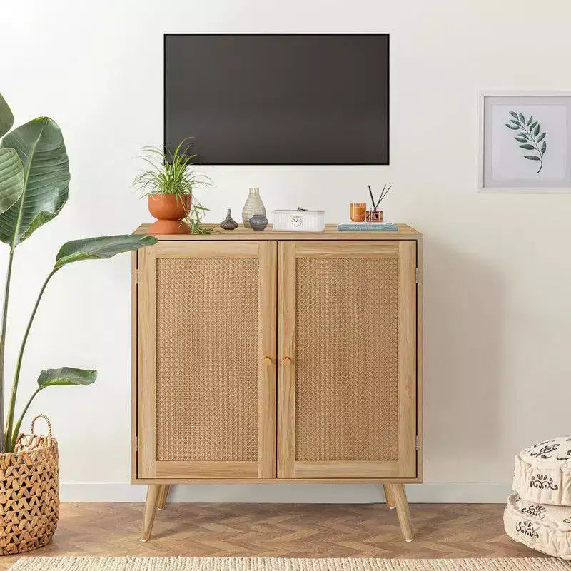 Mobile Buffet in Rattan con Contenitore, Credenza da Fattoria con Ripiani Regolabili e Piedini in Legno