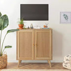 Mobile Buffet in Rattan con Contenitore, Credenza da Fattoria con Ripiani Regolabili e Piedini in Legno