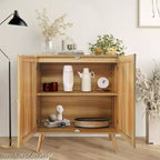 Mobile Buffet in Rattan con Contenitore, Credenza da Fattoria con Ripiani Regolabili e Piedini in Legno