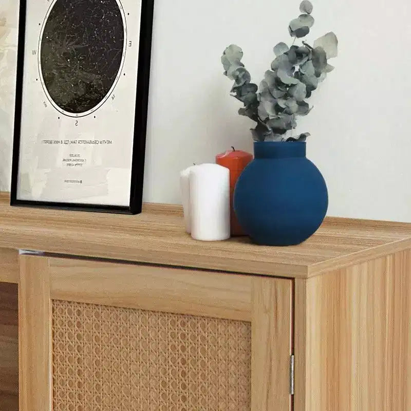 Mobile Buffet in Rattan con Contenitore, Credenza da Fattoria con Ripiani Regolabili e Piedini in Legno