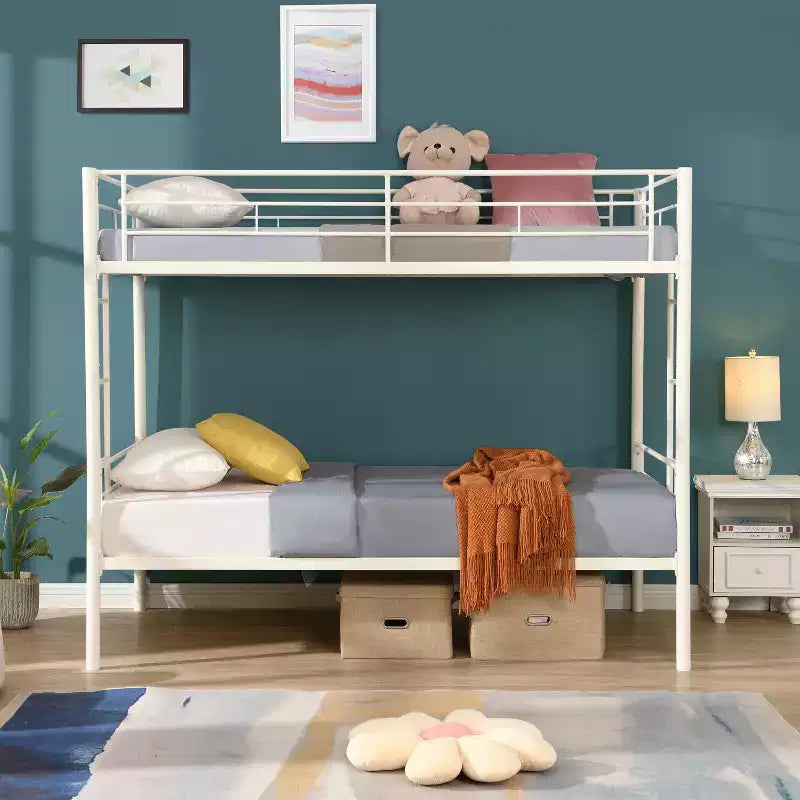Bellemave Letto a castello in metallo a due piazze con ringhiera e scaletta, letto convertibile resistente per bambini, ragazzi e adulti, bianco
