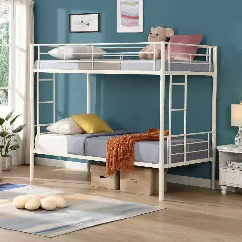 Bellemave Letto a castello in metallo a due piazze con ringhiera e scaletta, letto convertibile resistente per bambini, ragazzi e adulti, bianco