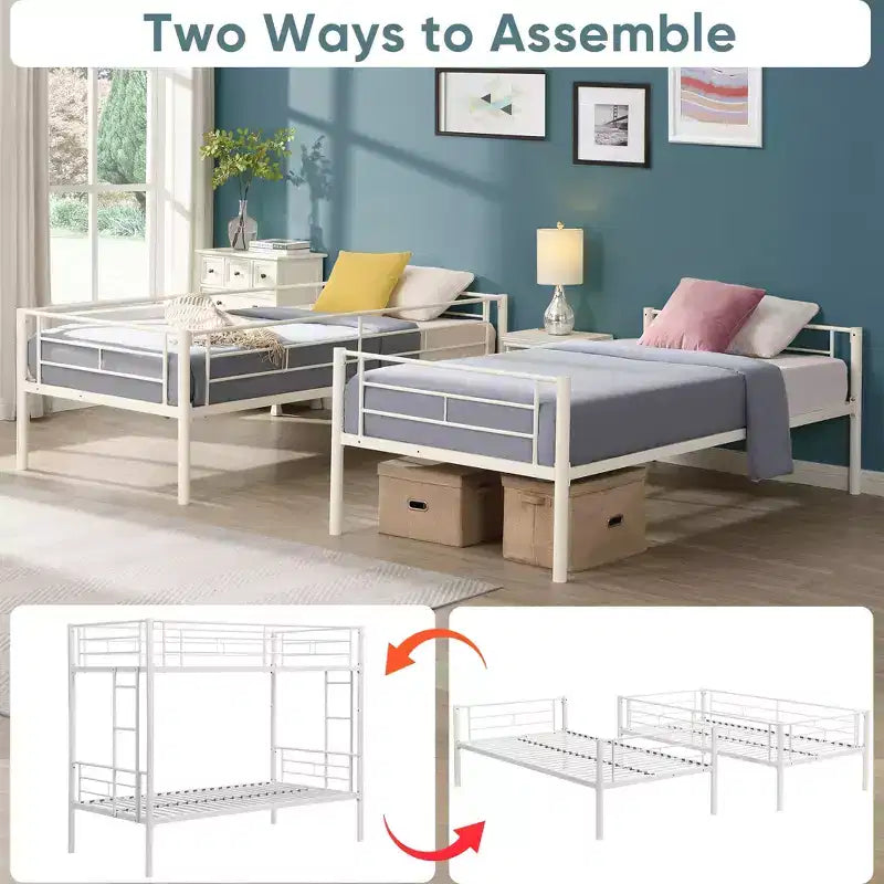 Bellemave Letto a castello in metallo a due piazze con ringhiera e scaletta, letto convertibile resistente per bambini, ragazzi e adulti, bianco