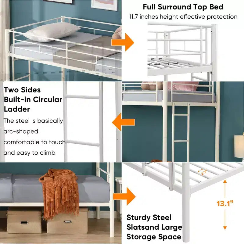 Bellemave Letto a castello in metallo a due piazze con ringhiera e scaletta, letto convertibile resistente per bambini, ragazzi e adulti, bianco