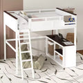 Queen Size Loft Bed with Built-in Desk and Shelves, Space-Saving Wooden Loft Bed Frame with Storage Box and USB, White