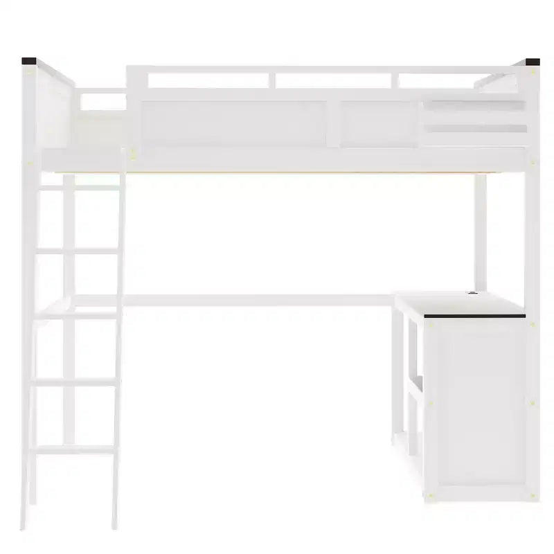 Letto a soppalco Queen Size con scrivania e mensole integrate, struttura in legno salvaspazio con box contenitore e USB, bianco