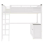 Letto a soppalco Queen Size con scrivania e mensole integrate, struttura in legno salvaspazio con box contenitore e USB, bianco