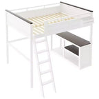 Letto a soppalco Queen Size con scrivania e mensole integrate, struttura in legno salvaspazio con box contenitore e USB, bianco