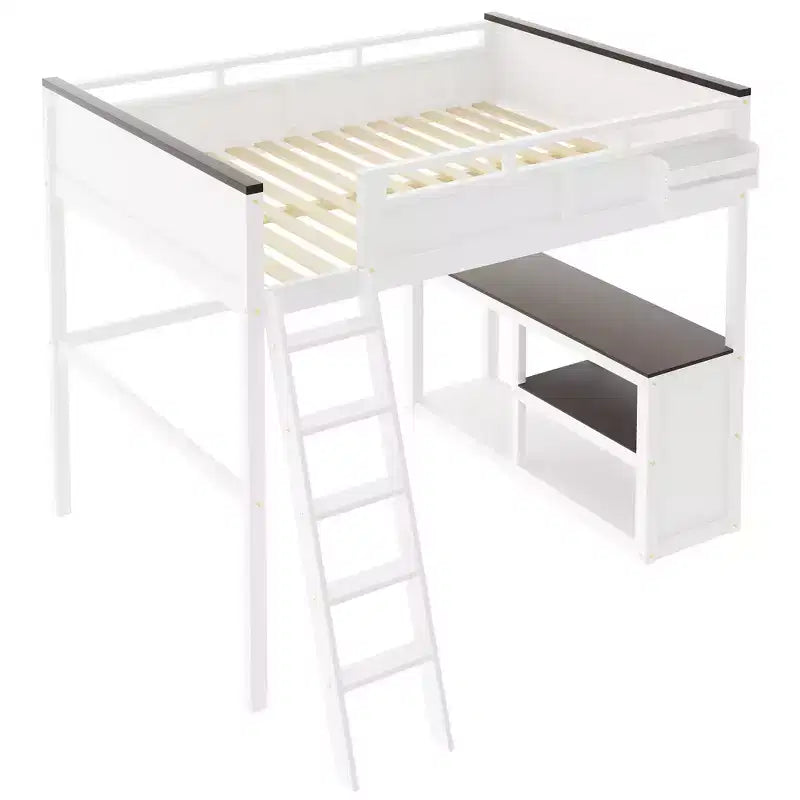 Letto a soppalco Queen Size con scrivania e mensole integrate, struttura in legno salvaspazio con box contenitore e USB, bianco