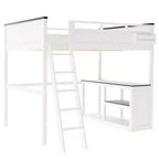 Letto a soppalco Queen Size con scrivania e mensole integrate, struttura in legno salvaspazio con box contenitore e USB, bianco