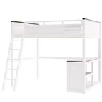 Letto a soppalco Queen Size con scrivania e mensole integrate, struttura in legno salvaspazio con box contenitore e USB, bianco