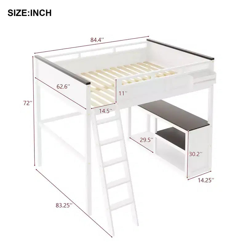 Letto a soppalco Queen Size con scrivania e mensole integrate, struttura in legno salvaspazio con box contenitore e USB, bianco