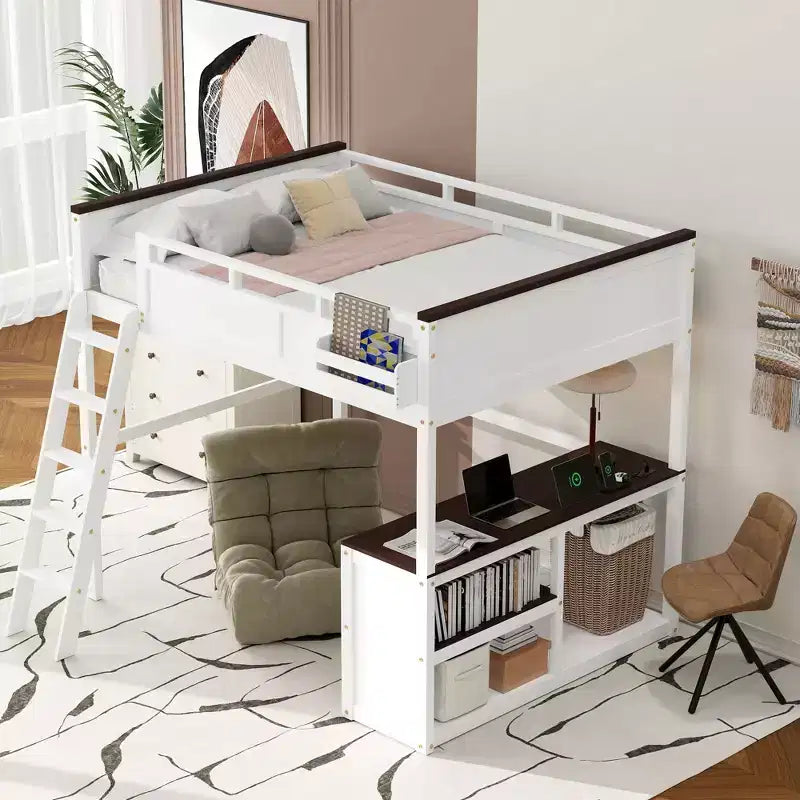 Letto a soppalco Queen Size con scrivania e mensole integrate, struttura in legno salvaspazio con box contenitore e USB, bianco