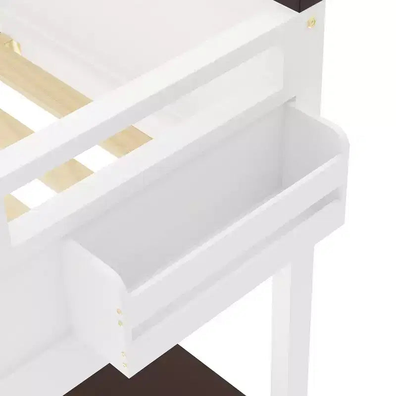 Letto a soppalco Queen Size con scrivania e mensole integrate, struttura in legno salvaspazio con box contenitore e USB, bianco
