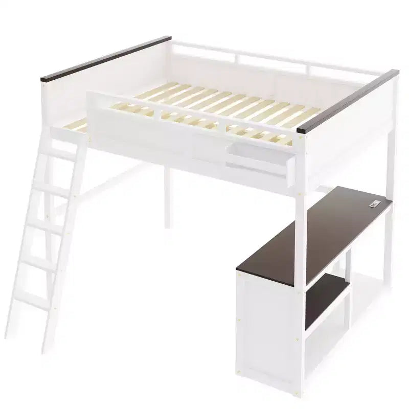 Letto a soppalco Queen Size con scrivania e mensole integrate, struttura in legno salvaspazio con box contenitore e USB, bianco