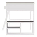 Letto a soppalco Queen Size con scrivania e mensole integrate, struttura in legno salvaspazio con box contenitore e USB, bianco