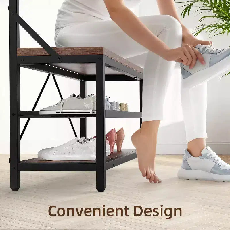 Appendiabiti Panca Scarpiera 183 cm di Altezza, Scarpiera da Ingresso con Scaffale Contenitore e Ganci, Mobiletto Industriale Rimovibile con Cornice in Metallo per la Casa
