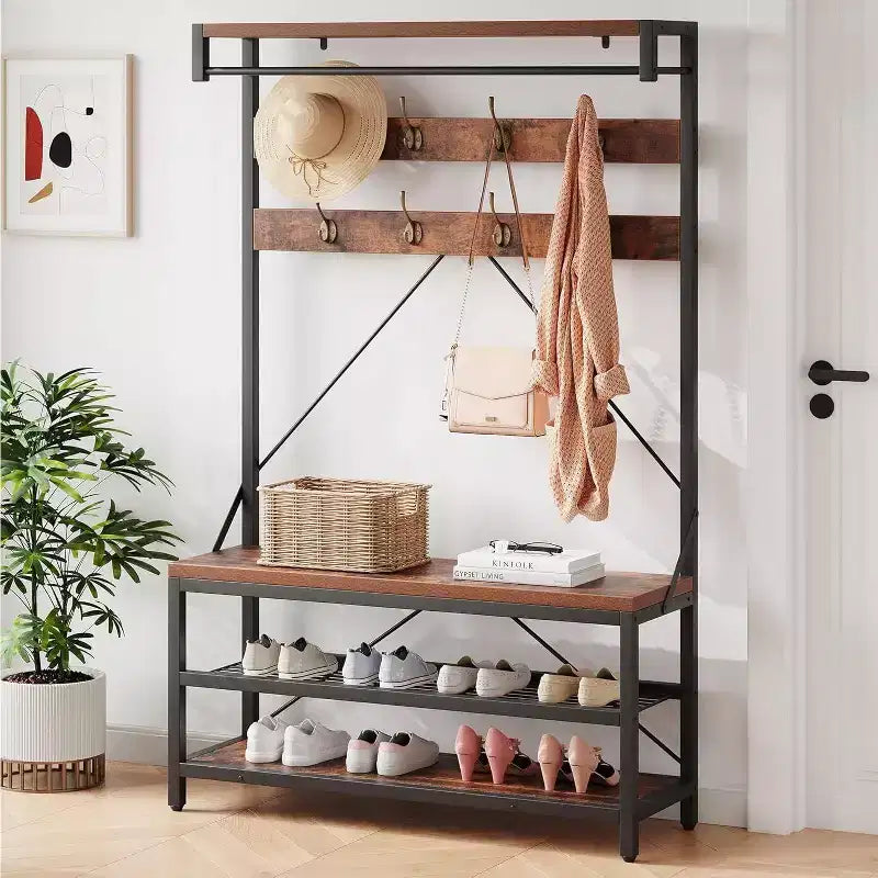 Appendiabiti Panca Scarpiera 183 cm di Altezza, Scarpiera da Ingresso con Scaffale Contenitore e Ganci, Mobiletto Industriale Rimovibile con Cornice in Metallo per la Casa