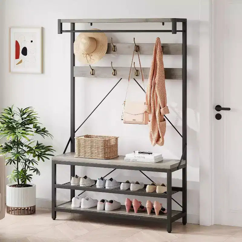 Appendiabiti Panca Scarpiera 183 cm di Altezza, Scarpiera da Ingresso con Scaffale Contenitore e Ganci, Mobiletto Industriale Rimovibile con Cornice in Metallo per la Casa