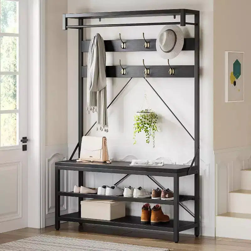 Appendiabiti Panca Scarpiera 183 cm di Altezza, Scarpiera da Ingresso con Scaffale Contenitore e Ganci, Mobiletto Industriale Rimovibile con Cornice in Metallo per la Casa