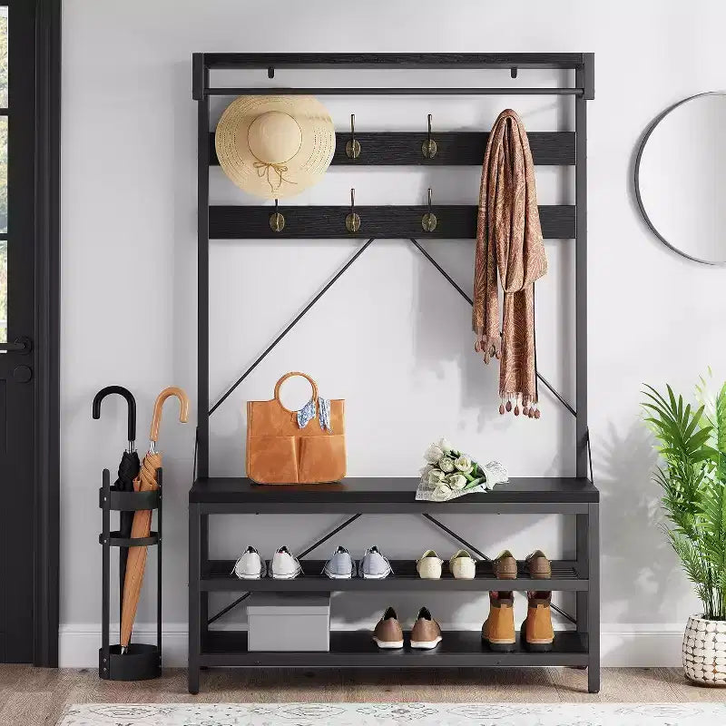 Coat Rack Shoe Bench 72in Tall Hall Tree Shoe Rack with Storage Shelf and Hooks, Removable Industrial Accent Furniture Metal Frame for Home