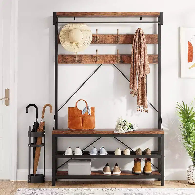 Appendiabiti Panca Scarpiera 183 cm di Altezza, Scarpiera da Ingresso con Scaffale Contenitore e Ganci, Mobiletto Industriale Rimovibile con Cornice in Metallo per la Casa