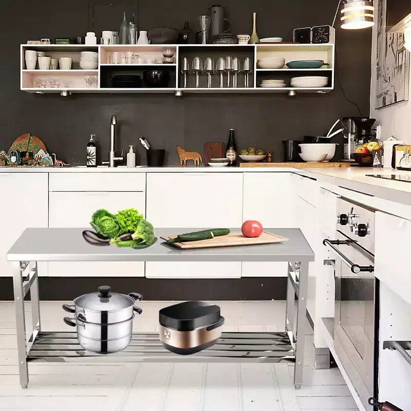 Tavolo da lavoro pieghevole in acciaio inox per uso intensivo con ripiano inferiore regolabile, banco da preparazione certificato NSF per cucina commerciale, panetteria o uso domestico