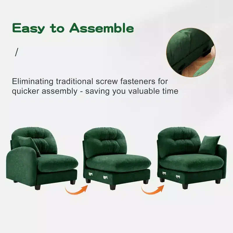 Divano componibile a U a 3 posti beige in ciniglia con 2 pouf e 2 cuscini decorativi per soggiorno