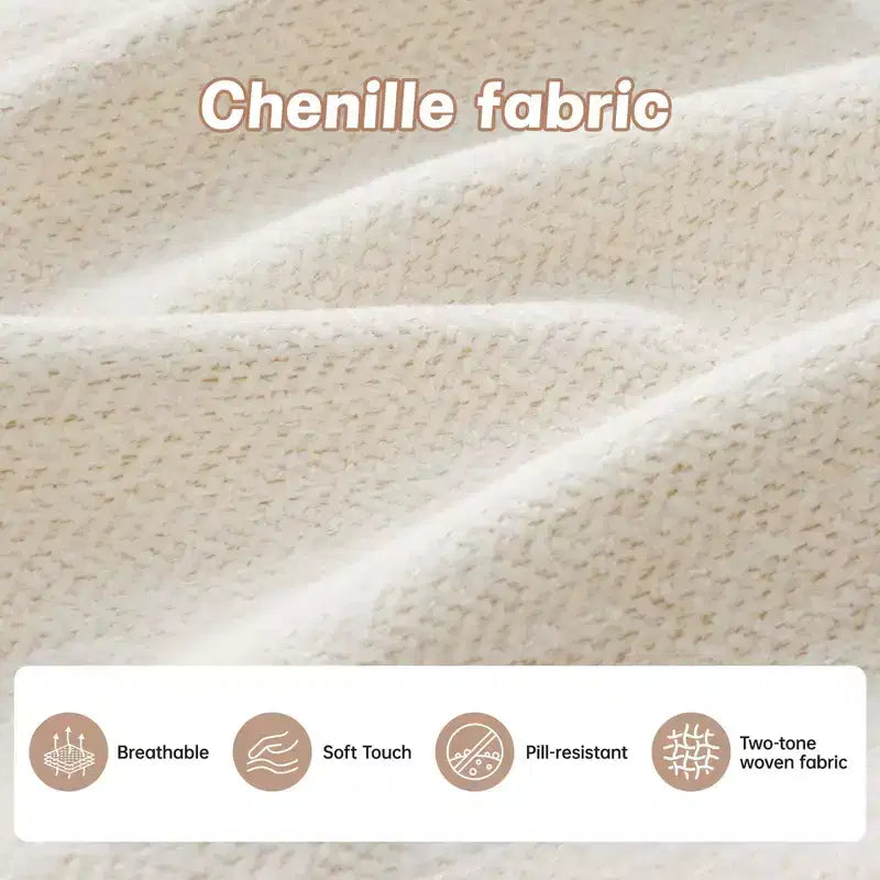 Divano componibile a U a 3 posti beige in ciniglia con 2 pouf e 2 cuscini decorativi per soggiorno