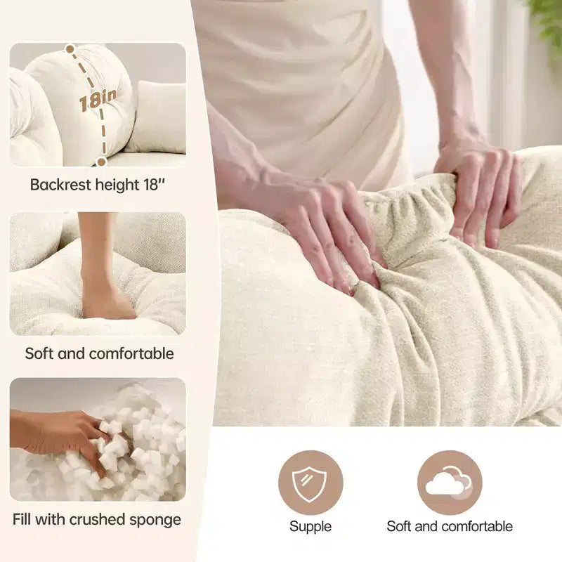 Divano componibile a U a 3 posti beige in ciniglia con 2 pouf e 2 cuscini decorativi per soggiorno