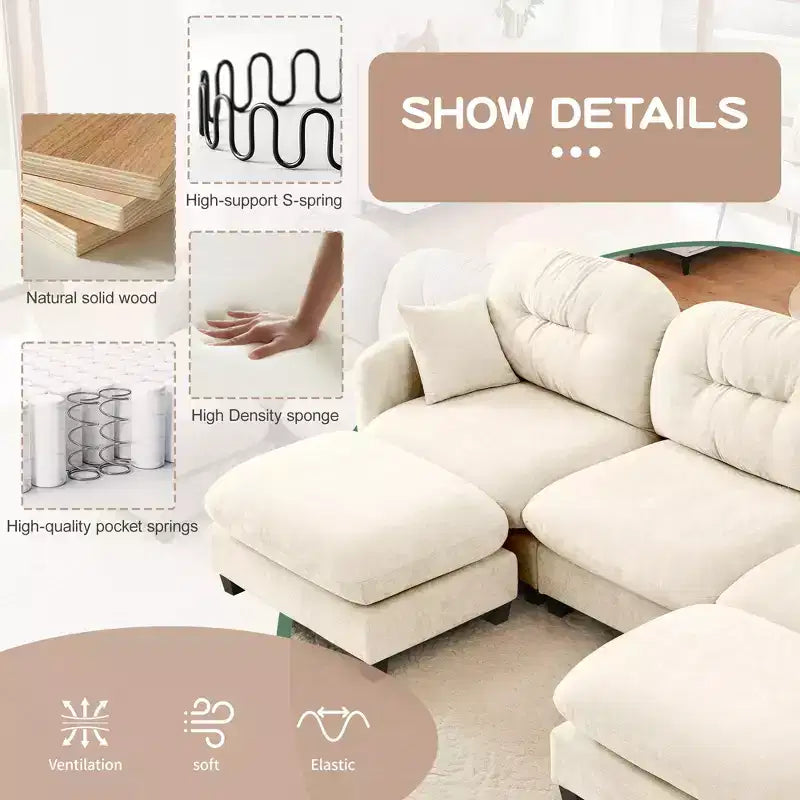 Divano componibile a U a 3 posti beige in ciniglia con 2 pouf e 2 cuscini decorativi per soggiorno