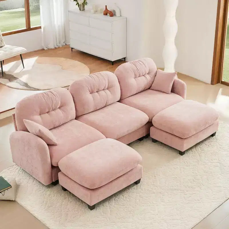 Divano componibile a U a 3 posti beige in ciniglia con 2 pouf e 2 cuscini decorativi per soggiorno