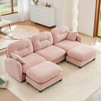 Divano componibile a U a 3 posti beige in ciniglia con 2 pouf e 2 cuscini decorativi per soggiorno