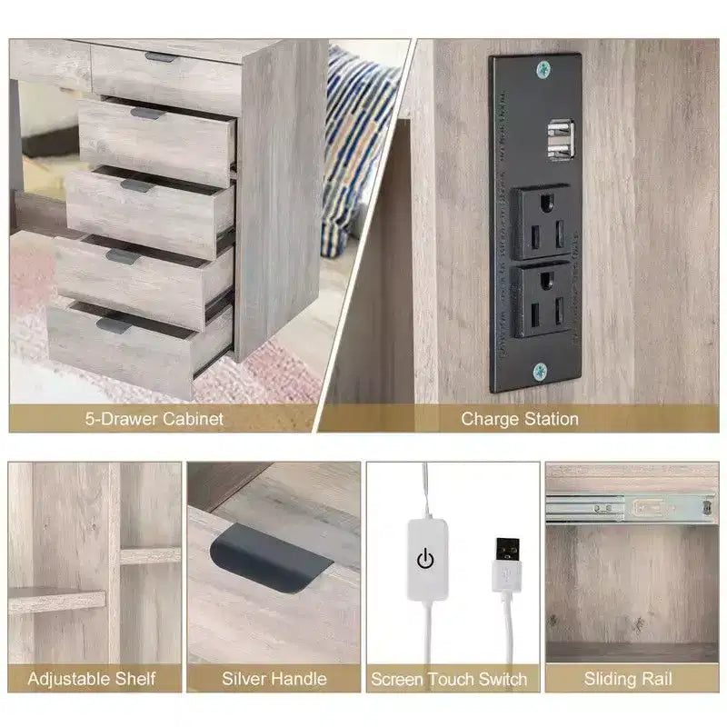 Set Comodino con 6 Cassetti e 2 Ripiani Laminato in Melaminico Grigio Effetto Truciolare