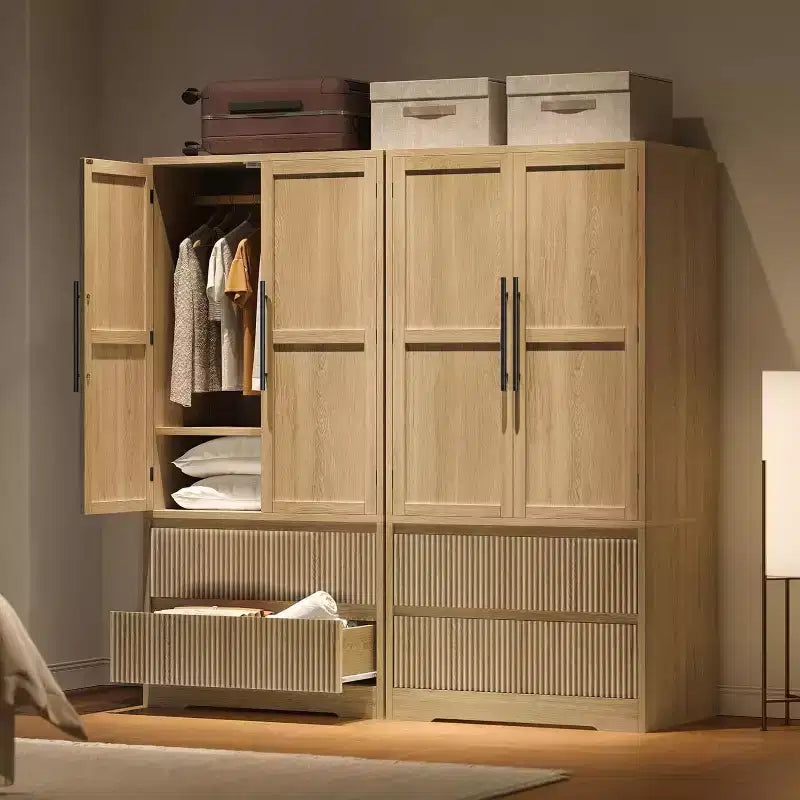 Ampio Armadio Guardaroba in Legno per Camera da Letto, con Ante in Vetro e 2 Cassetti, Ripiani e Asta Appendiabiti per Camera da Letto, Guardaroba