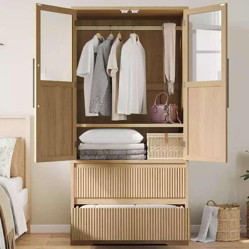 Ampio Armadio Guardaroba in Legno per Camera da Letto, con Ante in Vetro e 2 Cassetti, Ripiani e Asta Appendiabiti per Camera da Letto, Guardaroba