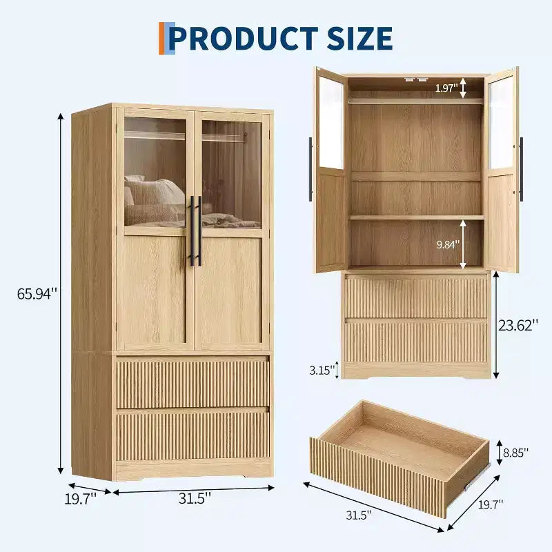 Ampio Armadio Guardaroba in Legno per Camera da Letto, con Ante in Vetro e 2 Cassetti, Ripiani e Asta Appendiabiti per Camera da Letto, Guardaroba