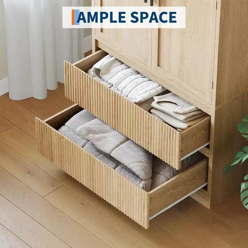 Ampio Armadio Guardaroba in Legno per Camera da Letto, con Ante in Vetro e 2 Cassetti, Ripiani e Asta Appendiabiti per Camera da Letto, Guardaroba