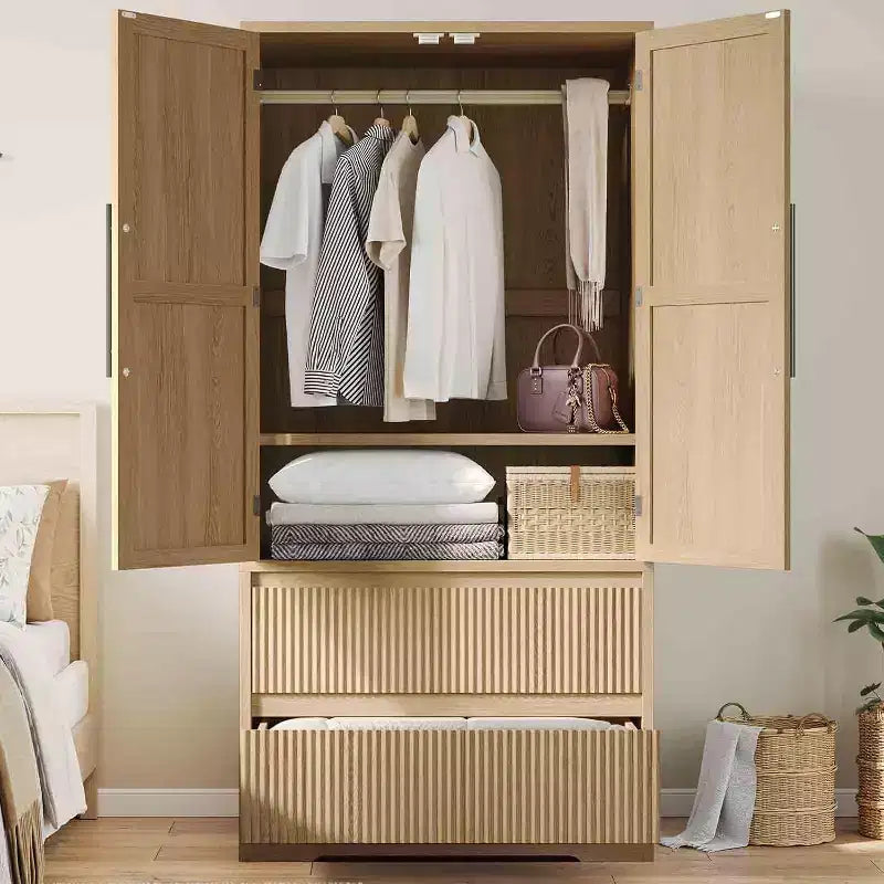 Ampio Armadio Guardaroba in Legno per Camera da Letto, con Ante in Vetro e 2 Cassetti, Ripiani e Asta Appendiabiti per Camera da Letto, Guardaroba