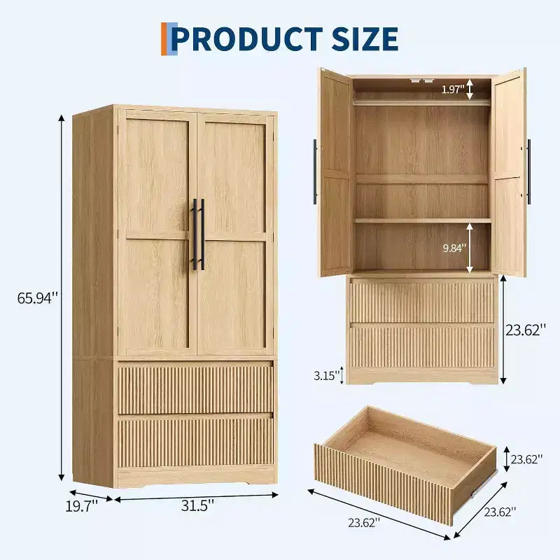 Ampio Armadio Guardaroba in Legno per Camera da Letto, con Ante in Vetro e 2 Cassetti, Ripiani e Asta Appendiabiti per Camera da Letto, Guardaroba