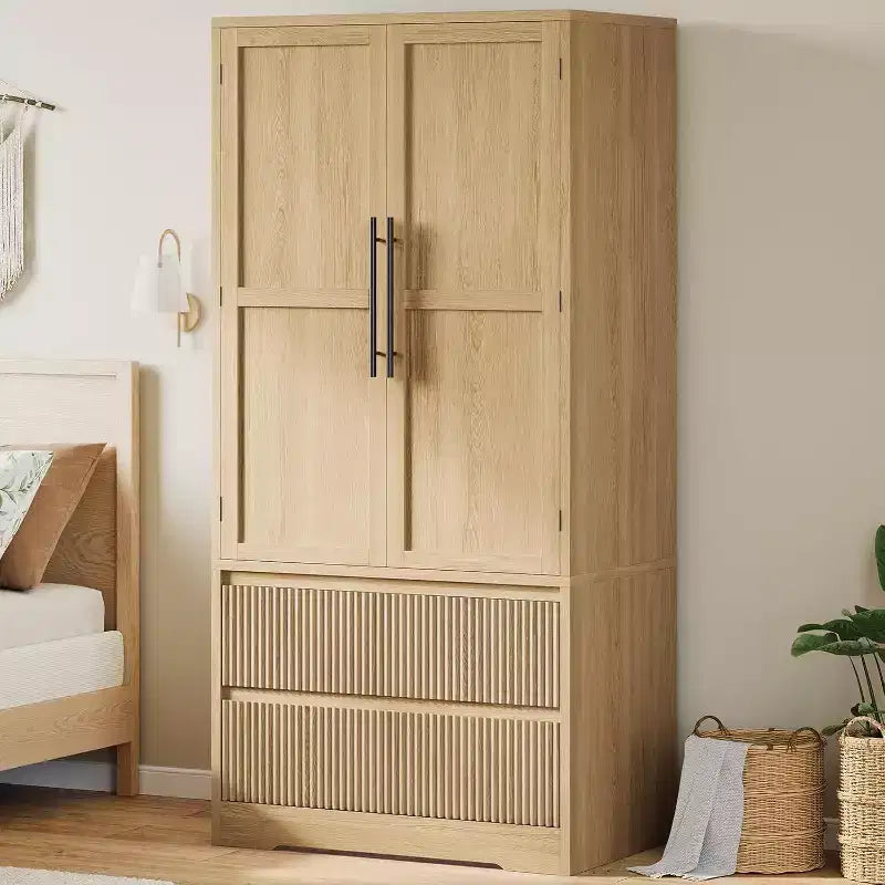 Ampio Armadio Guardaroba in Legno per Camera da Letto, con Ante in Vetro e 2 Cassetti, Ripiani e Asta Appendiabiti per Camera da Letto, Guardaroba