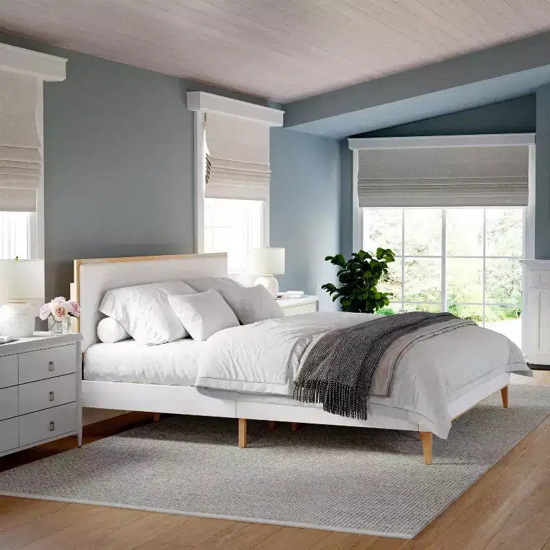 Martha Stewart Flynn Solid Wood Platform Bed with Upholstered Base and Inset Headboard, Wood Slat Bottom, No Box Spring Needed