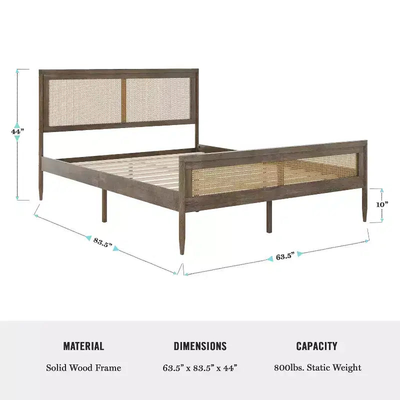 Letto a piattaforma Martha Stewart Jax in legno massello con testiera e pediera in rattan, non richiede rete a molle