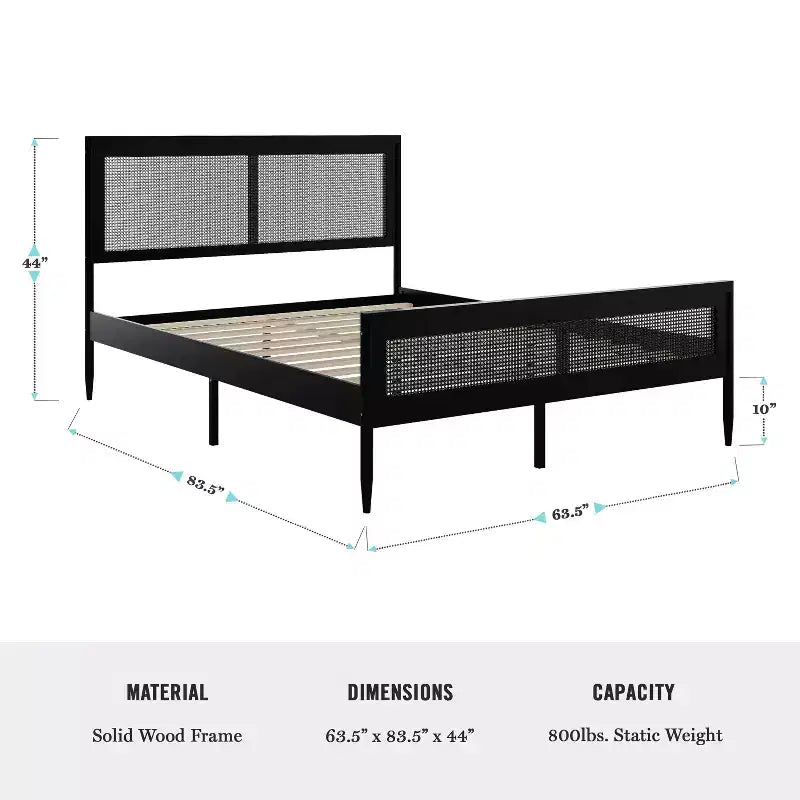 Letto a piattaforma Martha Stewart Jax in legno massello con testiera e pediera in rattan, non richiede rete a molle