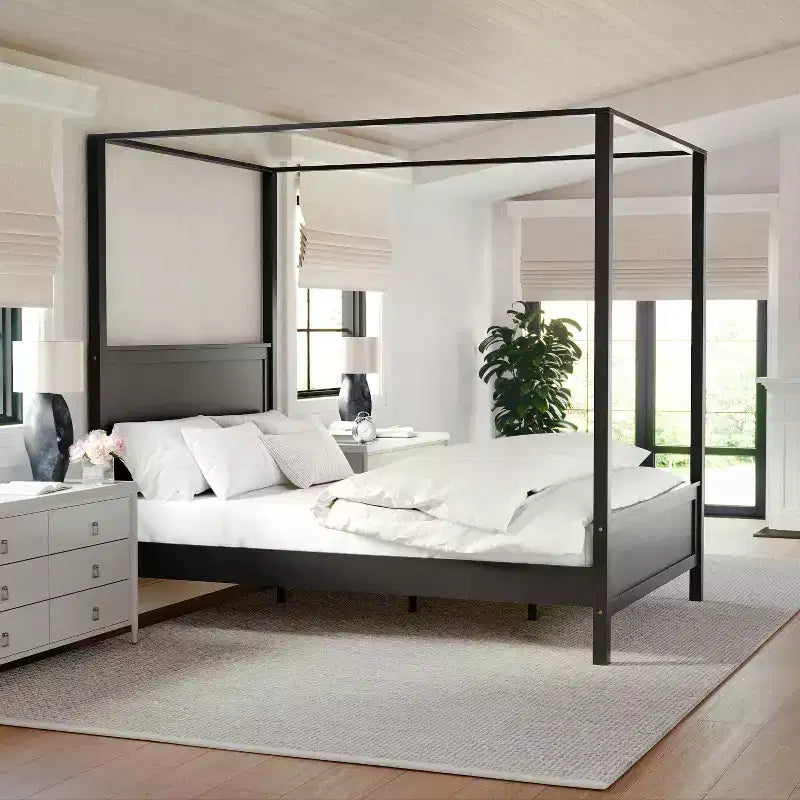 Letto a baldacchino a piattaforma Martha Stewart Hayes Queen Size in legno massiccio con testiera e pediera in legno, non è necessaria la rete, grigio scuro