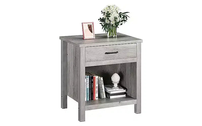 Comodino GustoWave 22 con cassetto, comodino grigio con ripiano portaoggetti per soggiorno, tavolino da notte in legno per camera da letto, cameretta, ufficio