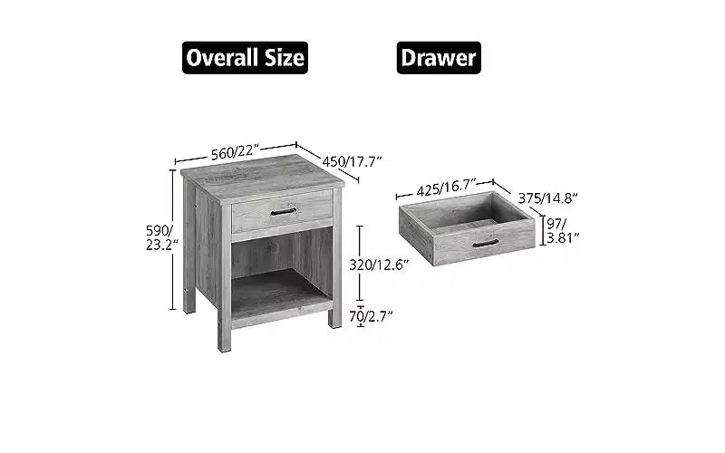 Comodino GustoWave 22 con cassetto, comodino grigio con ripiano portaoggetti per soggiorno, tavolino da notte in legno per camera da letto, cameretta, ufficio