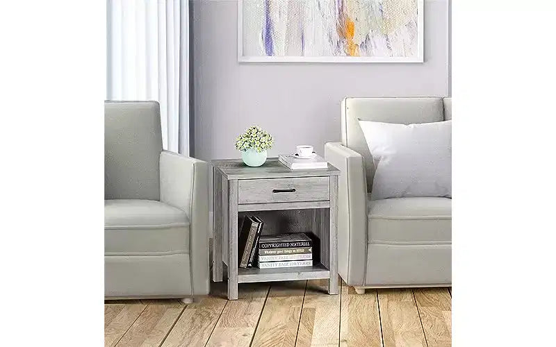 Comodino GustoWave 22 con cassetto, comodino grigio con ripiano portaoggetti per soggiorno, tavolino da notte in legno per camera da letto, cameretta, ufficio