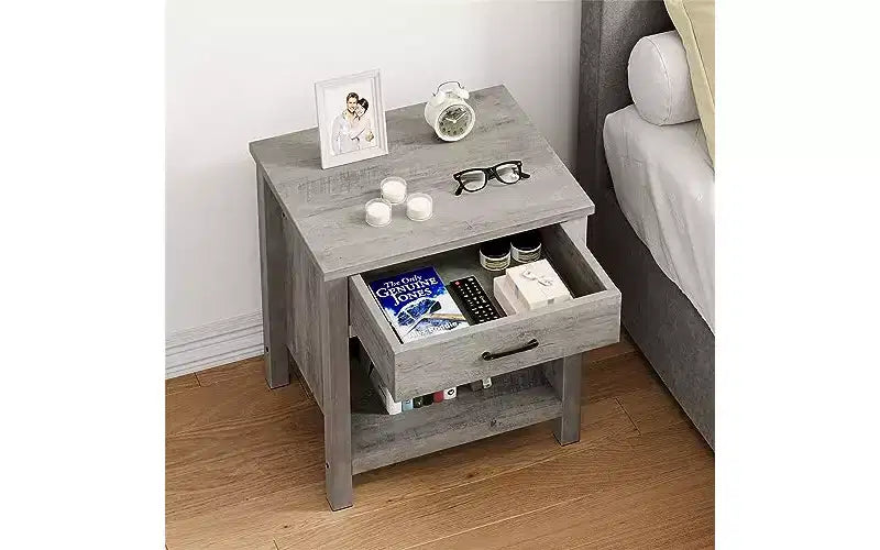 Comodino GustoWave 22 con cassetto, comodino grigio con ripiano portaoggetti per soggiorno, tavolino da notte in legno per camera da letto, cameretta, ufficio