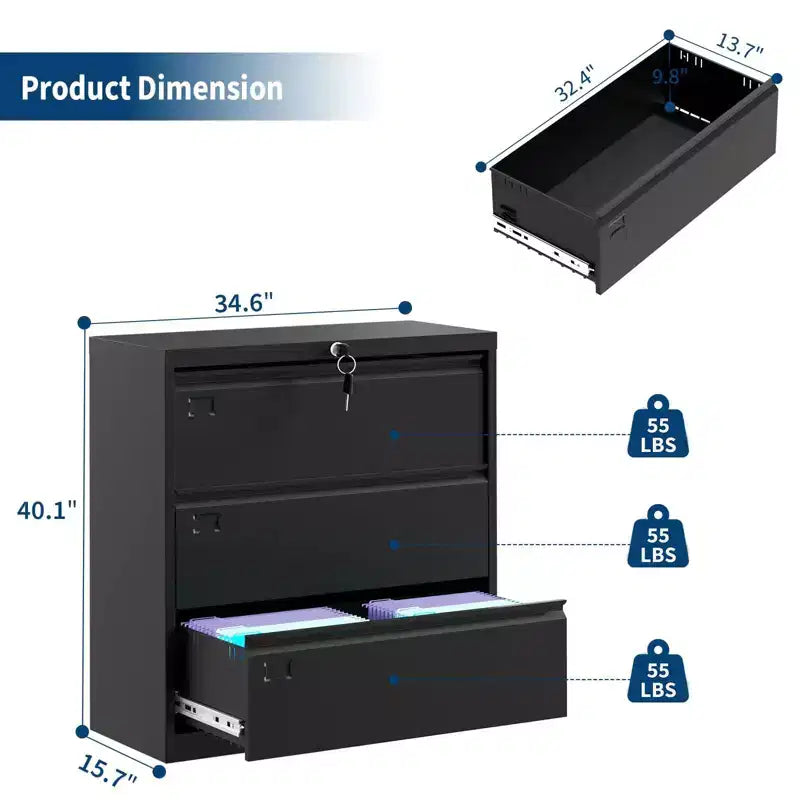 TROPOW Classificatore Laterale a 3 Cassetti - Mobiletto in Metallo Nero con Serratura per Documenti Letter/Legal/A4 (Uso Domestico/Ufficio)